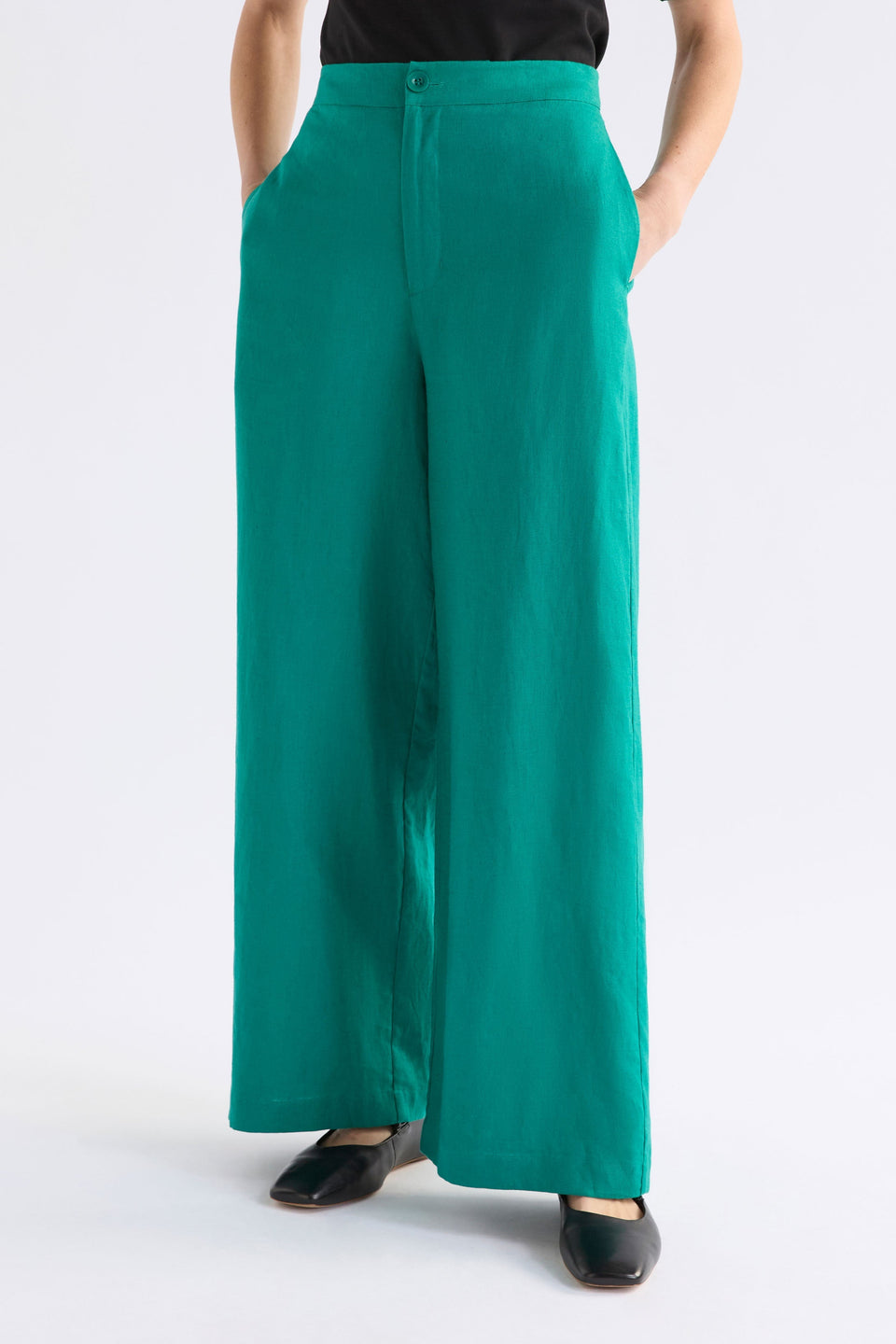 Anneli French Linen Wide Leg High Waisted Long Pant Model Front crop | TEAL