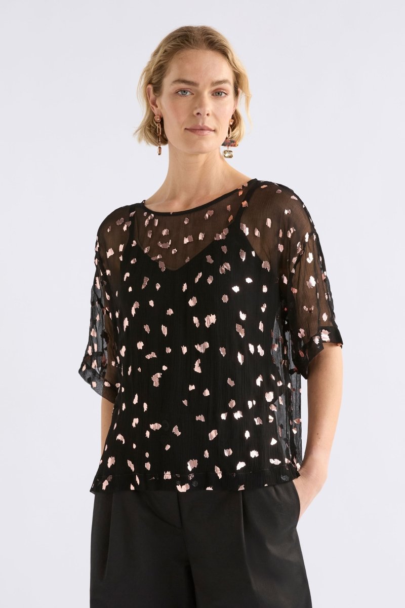 Shop The Artii Sheer Metallic Print Short Sleeve Evening Top | ELK AU