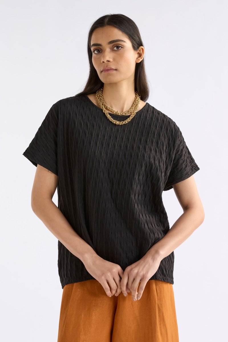 Orta Boxy Textured bubble Jersey Organic Cotton Tee Model front | BLACK