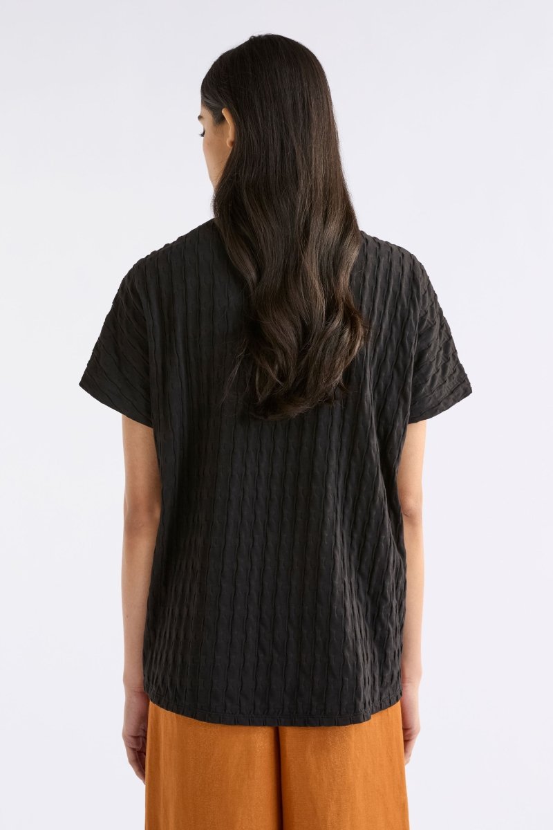 Orta Boxy Textured bubble Jersey Organic Cotton Tee Model back | BLACK