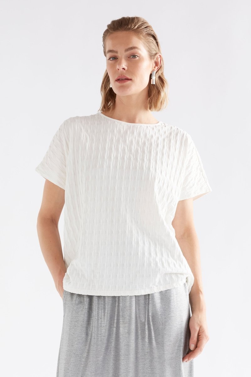 Orta Boxy Textured bubble Jersey Organic Cotton Tee Model front | WHITE