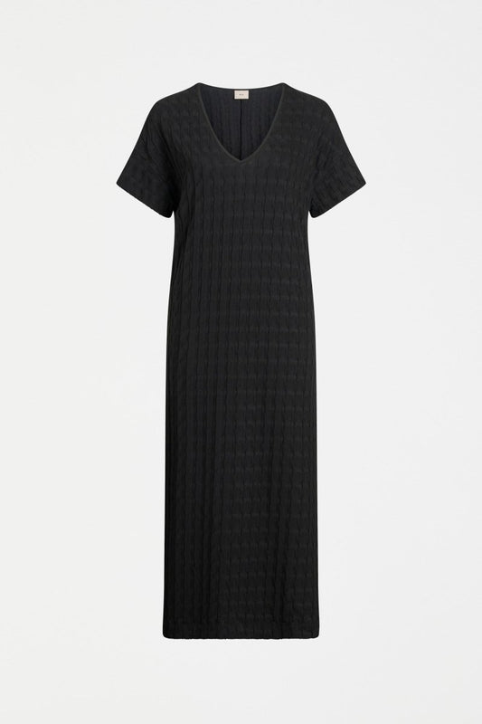 Orta Boxy Textured bubble Jersey Organic Cotton V-neck Long T-shirt Dress front | BLACK