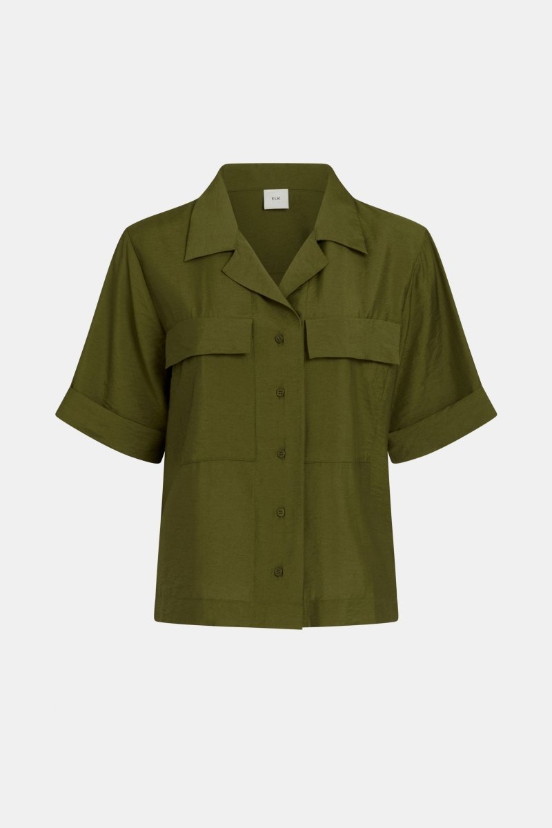 Eine Textured Viscose Relaxed Short Sleeve Shirt with Front Pockets Front | BRIGHT OLIVE