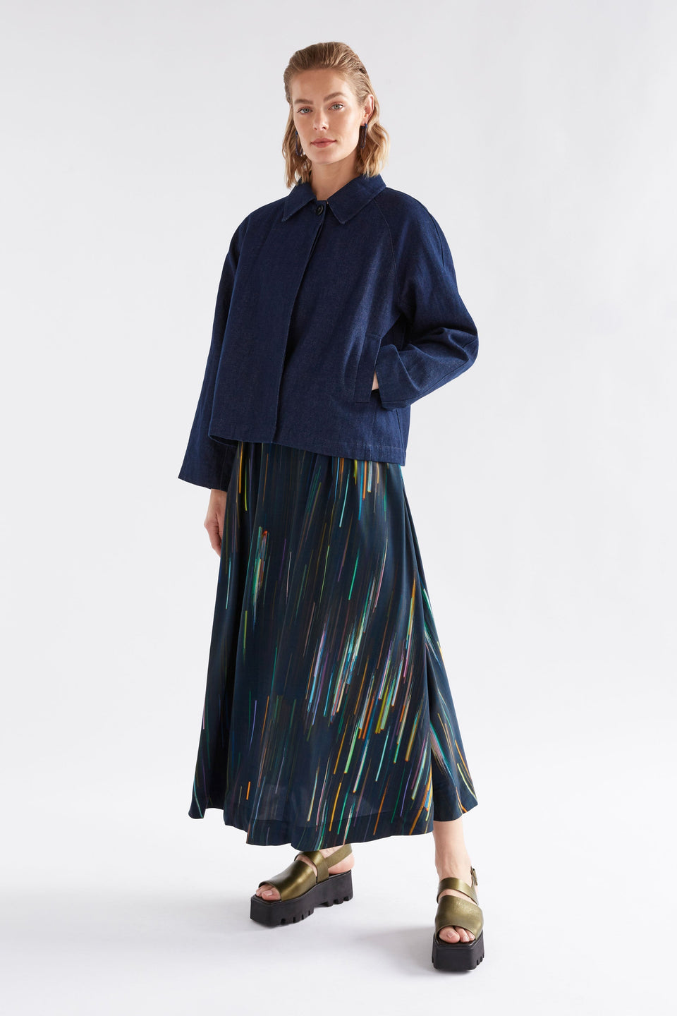 Kayra Print V-Neck Midi Dress Navy Model Front  with Decla Denim Jacket | ALINEA PRINT