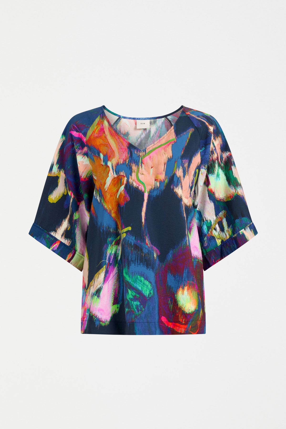Moda Floral Print Silky V-neck Top Curve front | VAARA PRINT