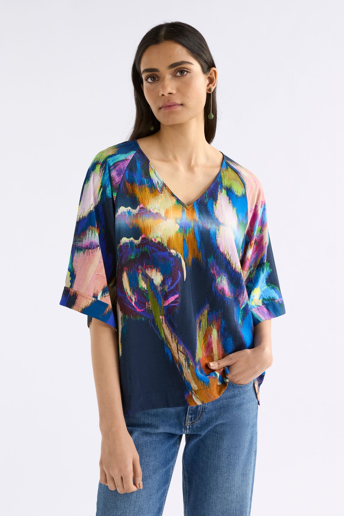 Moda Floral Print Silky V-neck Top Model front | VAARA PRINT