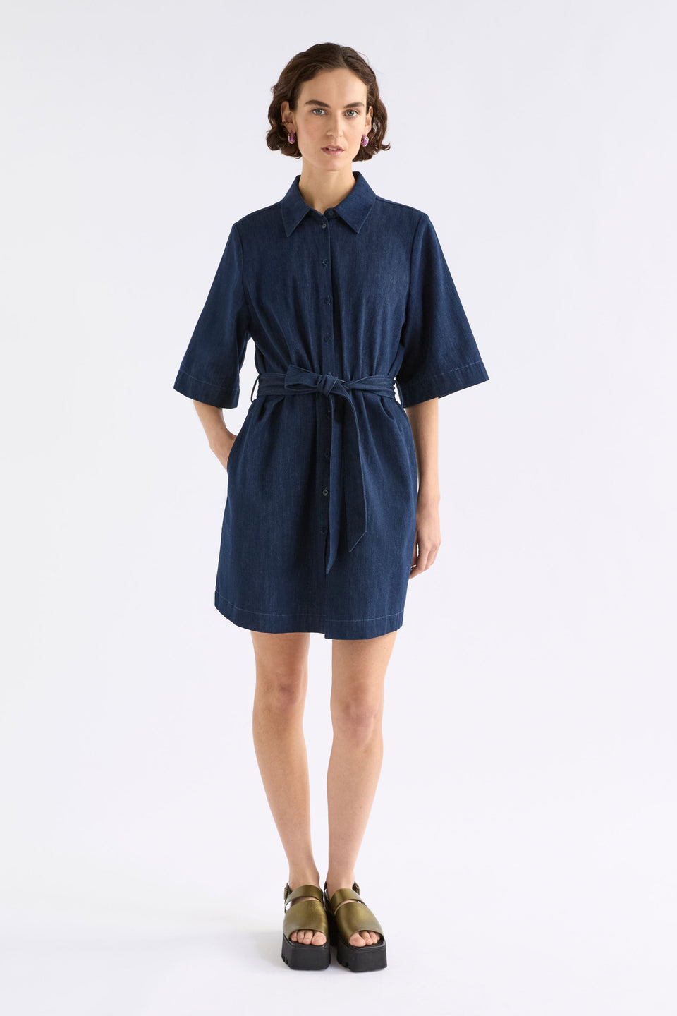 Dennem Boxy Short, Short Sleeve Denim Shirt Dress ELK Model Front waist tie | DARK BLUE RINSE