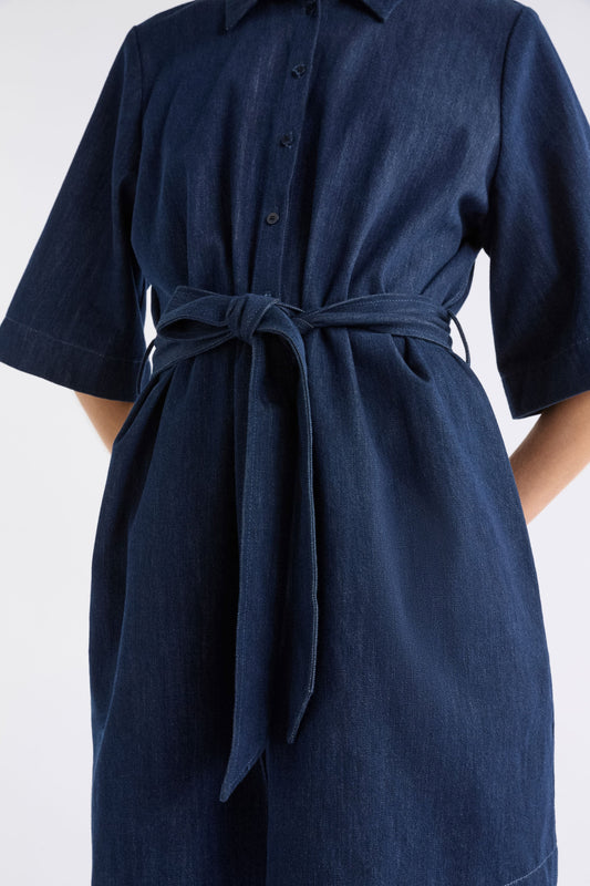 Dennem Boxy Short, Short Sleeve Denim Shirt Dress ELK Model Front Detail | DARK BLUE RINSE