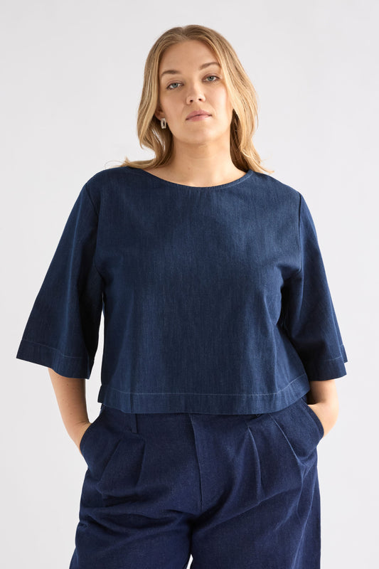 Dennem Boxy Cropped Denim Tee Top Curve Model Front | DARK BLUE RINSE