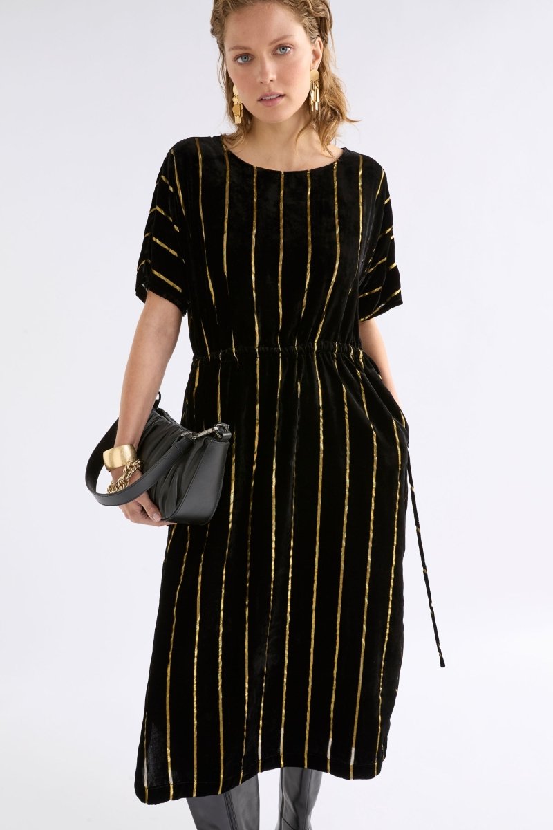 black and gold striped dress Shop The Lumii Velvet Metallic Stripe Drawstring Waist Comfortable Plus Size Lounge Dress Sleeveless Babydoll Mini Dress price is $54.99 instead Color:Red w/ Blk Trim