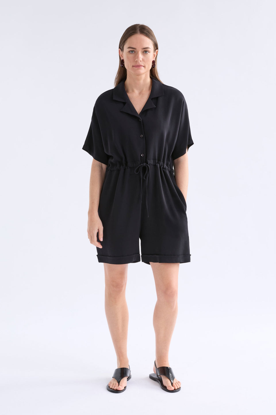 Eso Button Up Drawstring Short Jumpsuit | BLACK