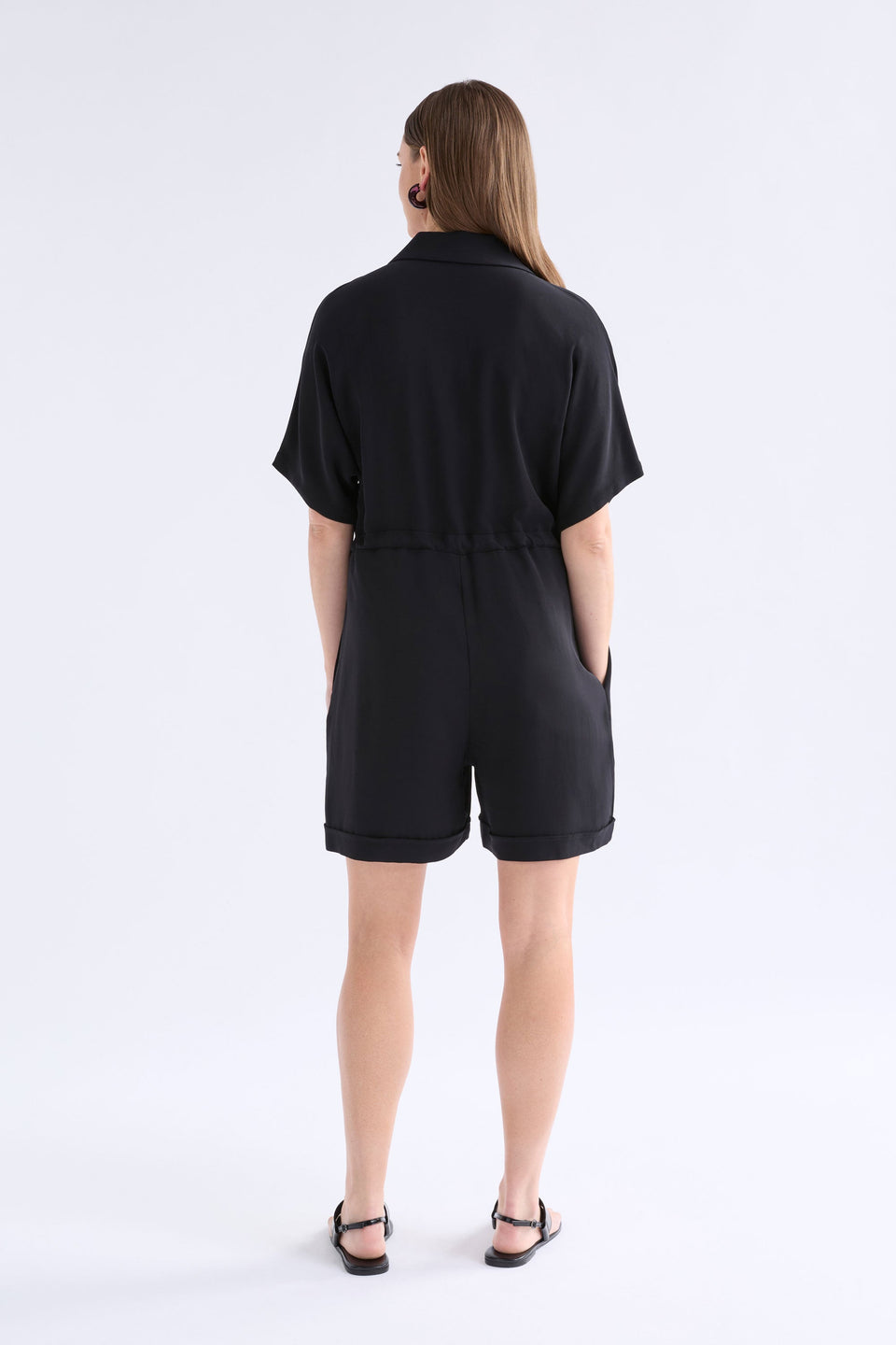 Eso Button Up Drawstring Short Jumpsuit | BLACK