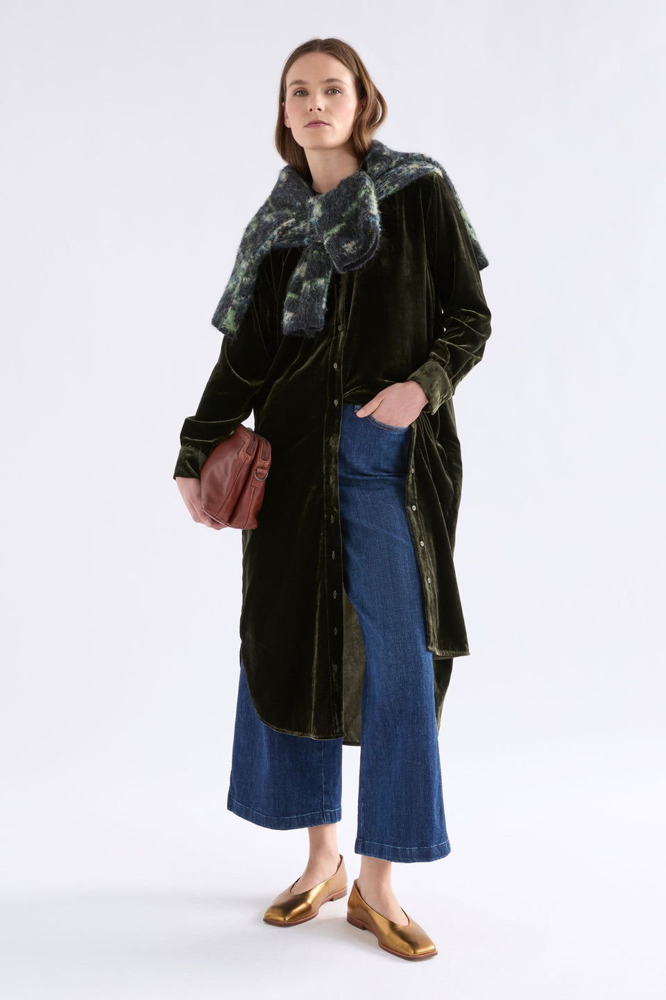 Suuri Velvet Shirt Dress | DEEP OLIVE
