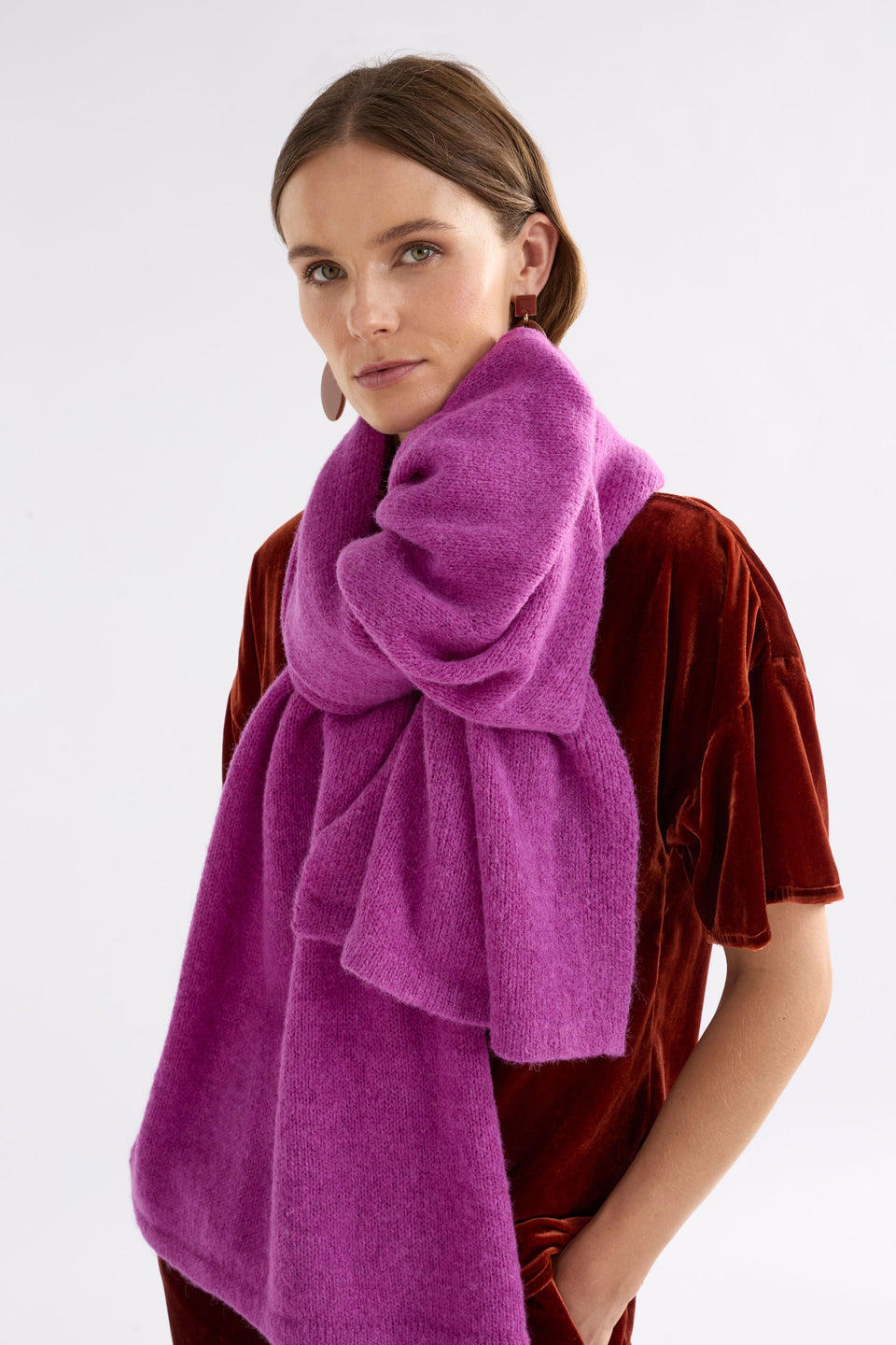 Agna Alpaca Merino Wool Scarf Model front | PINK BERRY