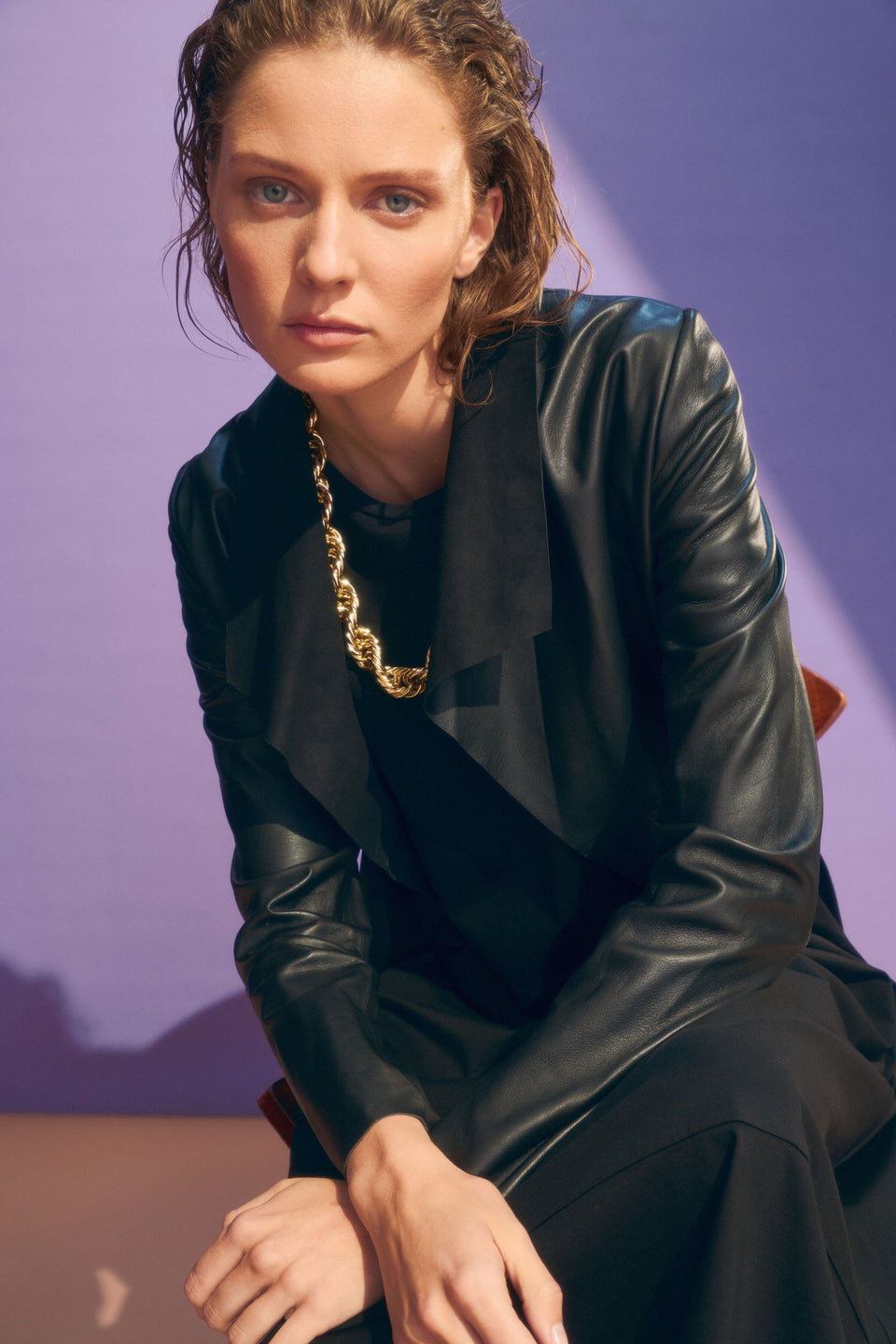 Fine Leather Lightweight Jacket Model with skivvy Front full body | BLACK