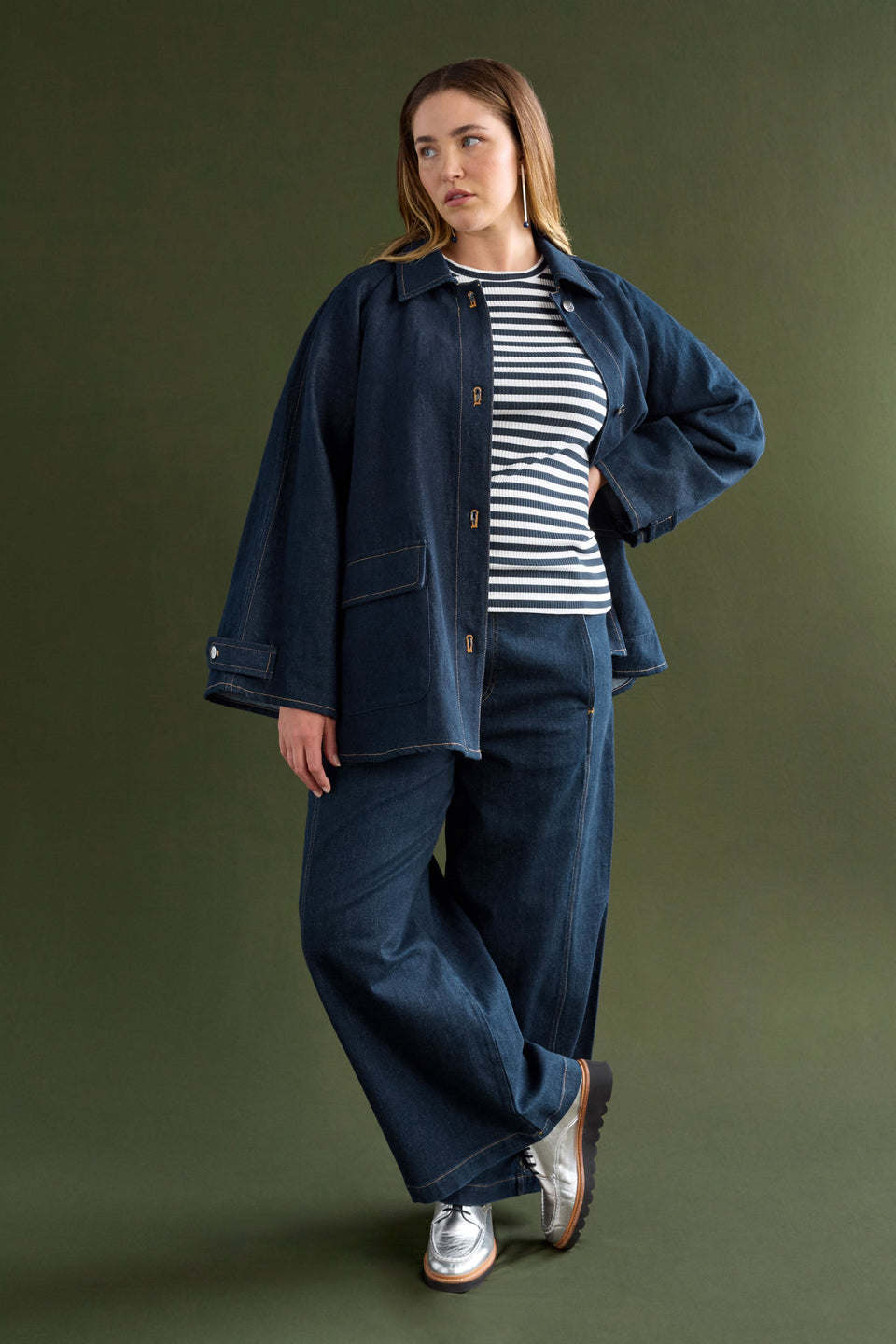 Myes Relaxed Look Denim Jacket with Patch Pockets and Contrast Stitching Chanel Campaign | DARK BLUE WASH