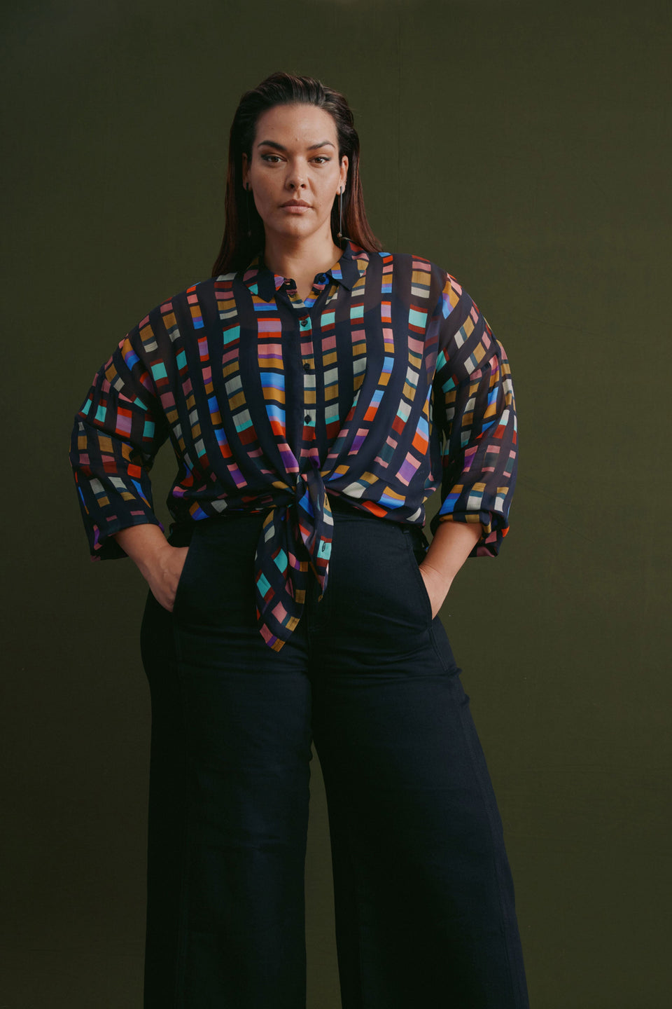 Eir Relaxed Print Sheer Long Sleeve Shirt Curve Model Front Campaign  | TESSELA PRINT