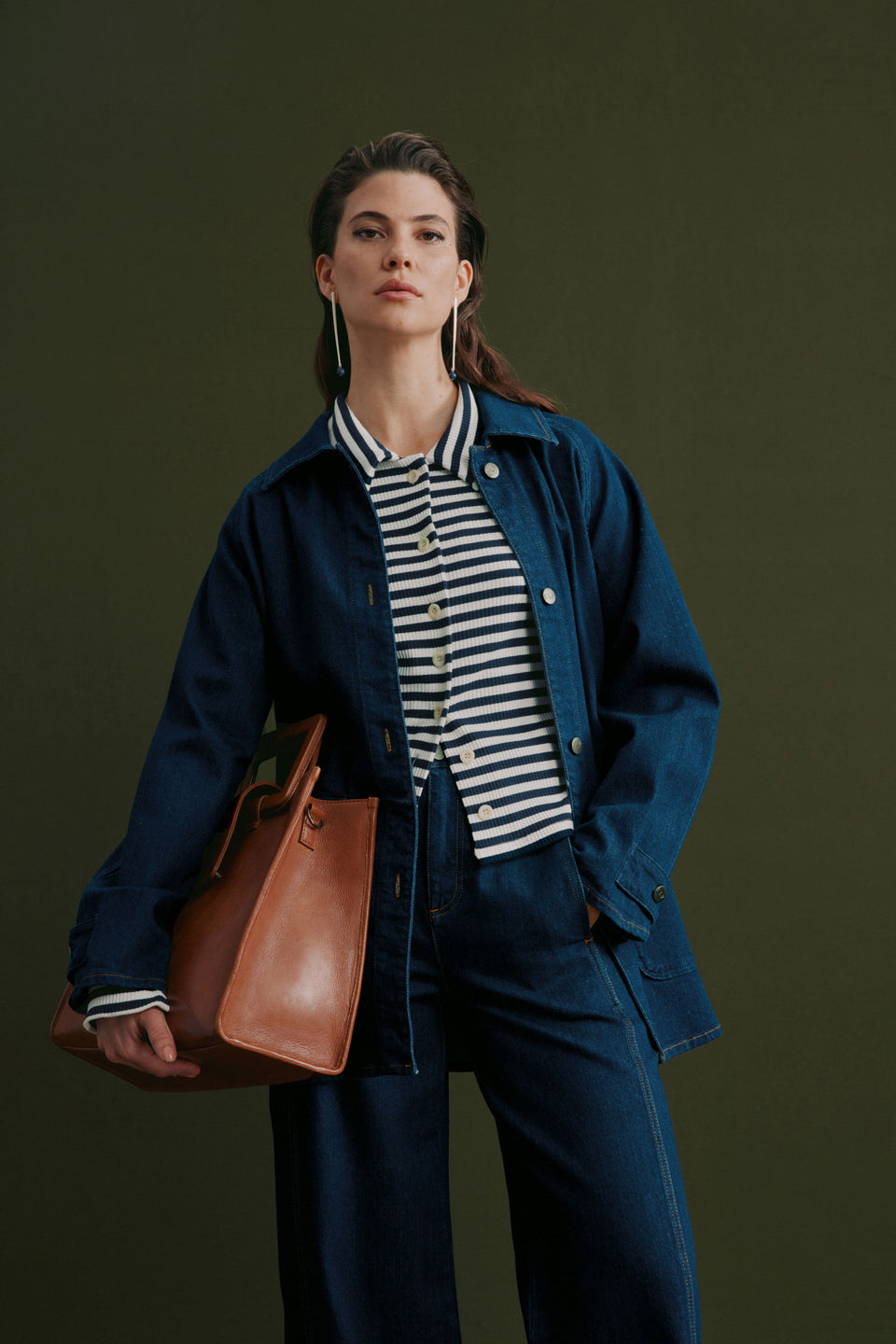 Myes Relaxed Look Denim Jacket with Patch Pockets and Contrast Stitching Campaign 2 | DARK BLUE WASH