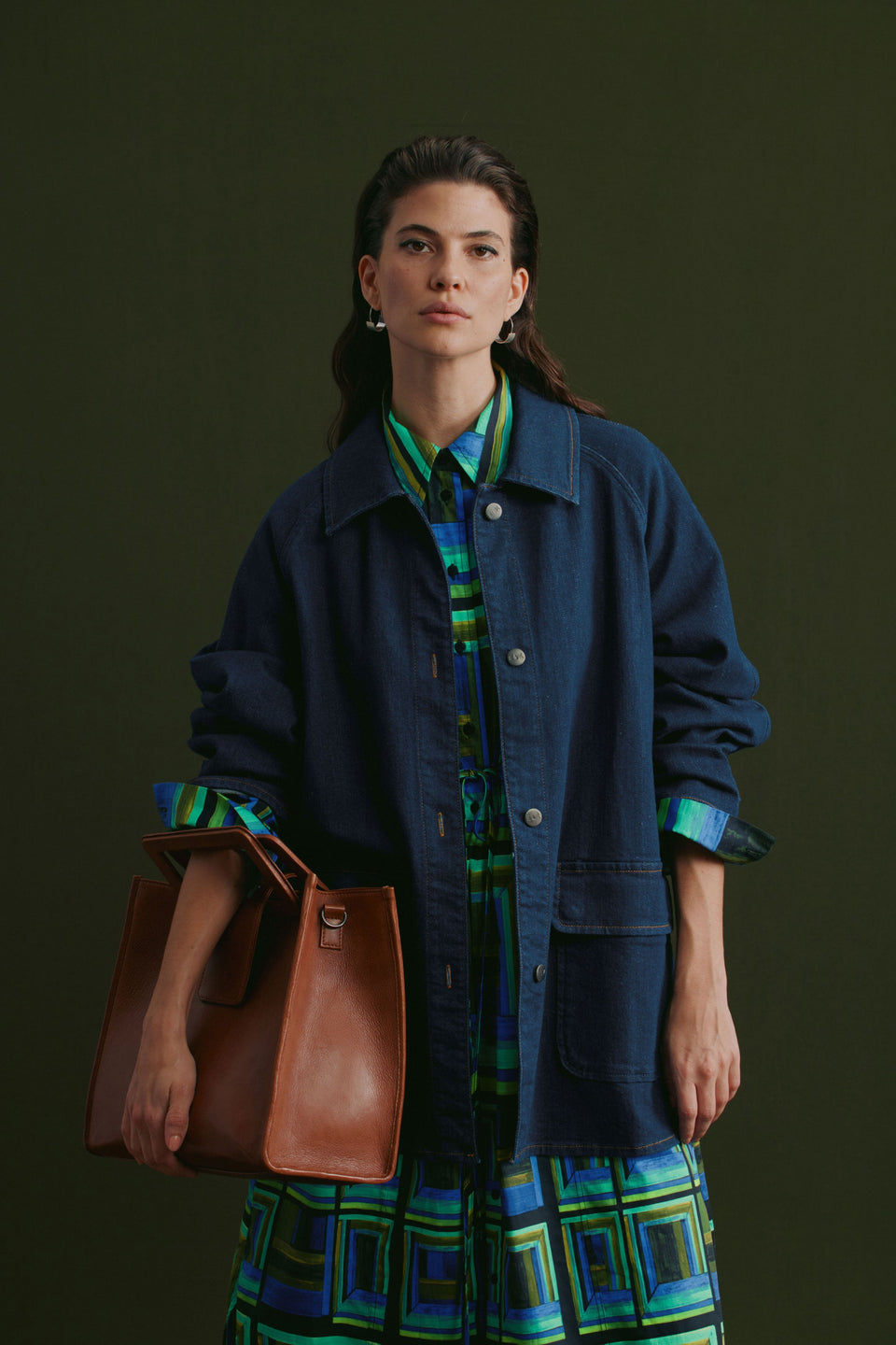 Myes Relaxed Look Denim Jacket with Patch Pockets and Contrast Stitching Campaign | DARK BLUE WASH