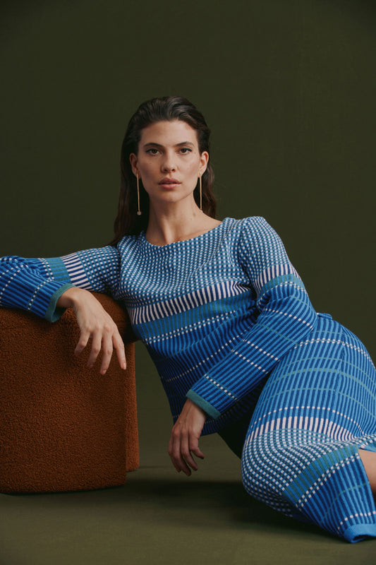 Cila Multi Check Organic Cotton Knit Jumper Model Campaign | BLUE MULTI