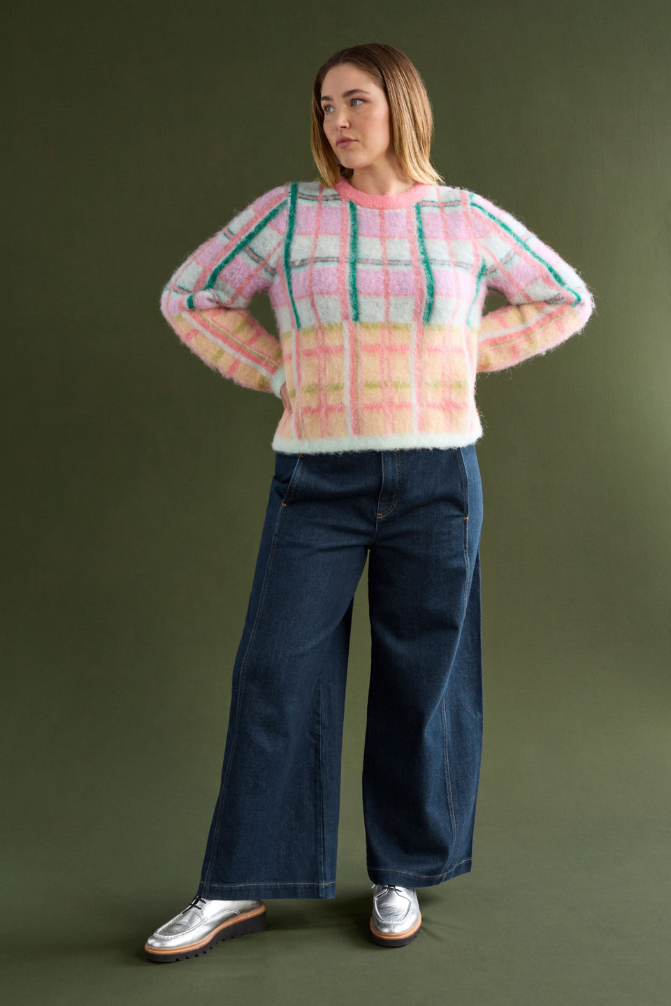 Ostti Alpaca Merino Wool Bold Coloured Check Fluffy Sweater Model Chanel Front full body | PINK PUNCH CHECK