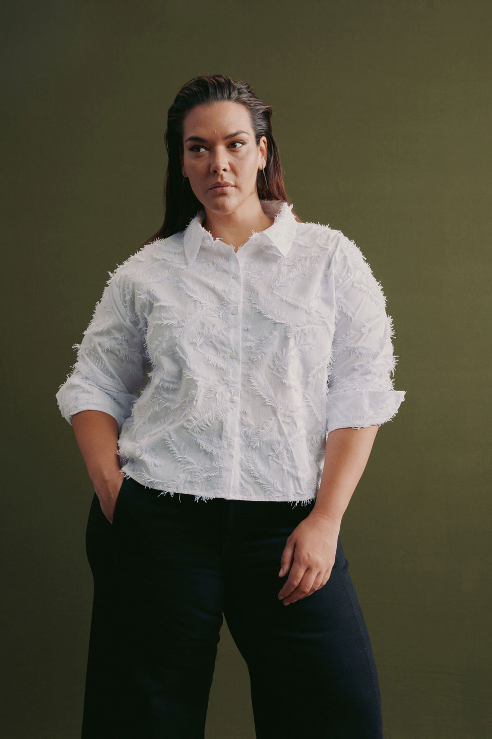 Etra Organic Cotton Embroidered Long Sleeve Shirt Curve Model Front Campaign | WHITE