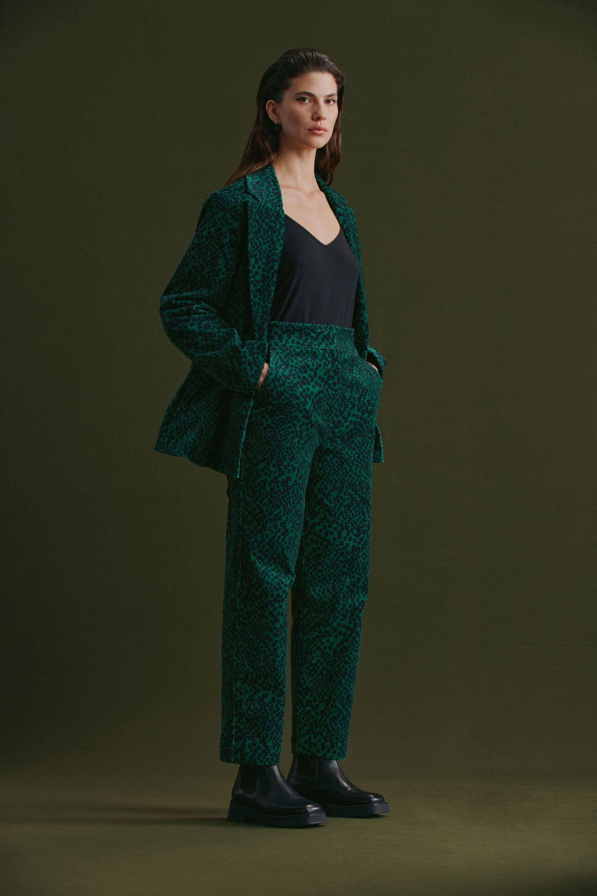 Atles High Waisted Tapered Leg Dark Green Pattern Cut Cord Pant Model Front Campaign | GREEN SINDA PRINT