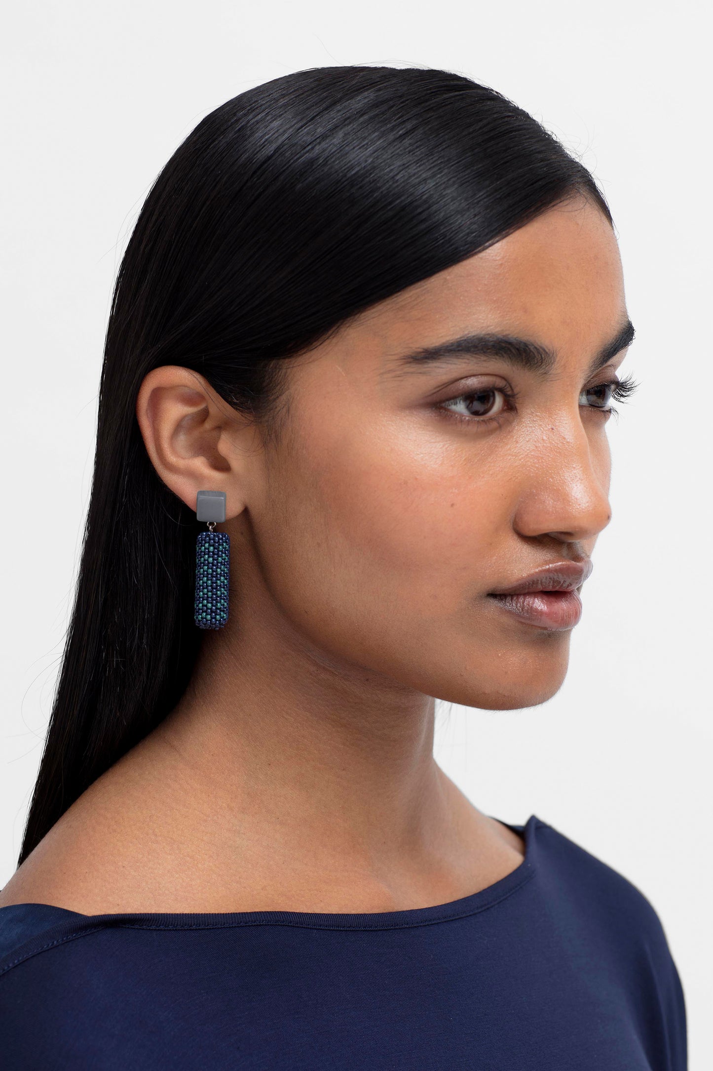Arli Woven Glass Seed Bead Drop Stud Earring Model TEAL