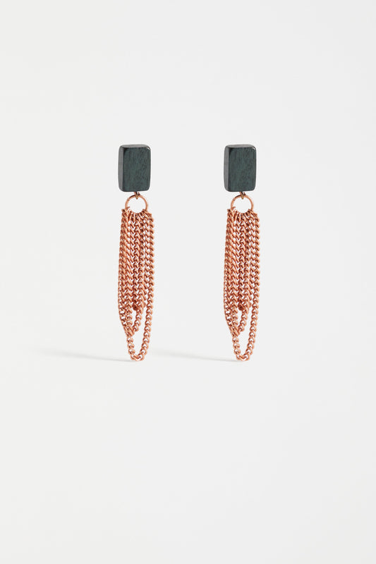 Olavi Chain and Wooden Bead Drop Statement Stud Earring | TEAL