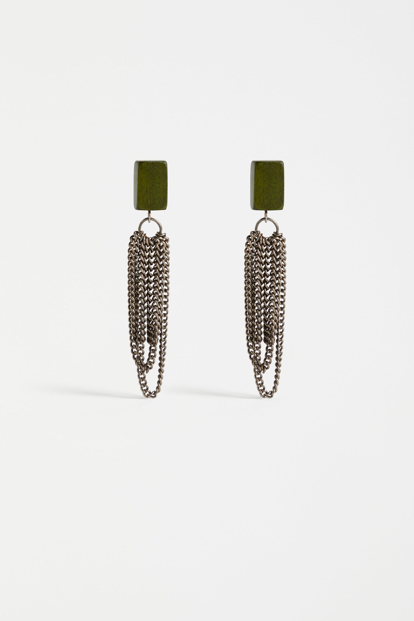 Olavi Chain and Wooden Bead Drop Statement Stud Earring | DARK OLIVE