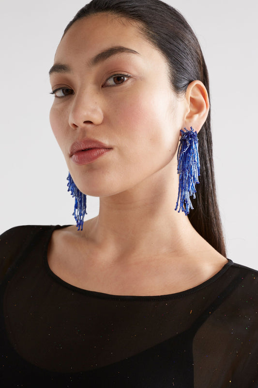 Karan Statement Glass Bead Cluster Stud Drop Earring Model Side | DENIM