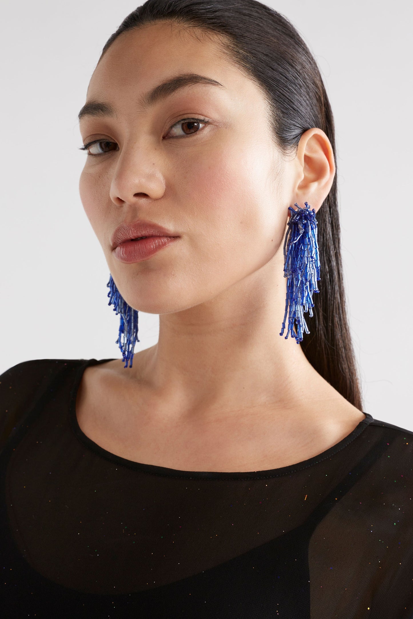 Karan Statement Glass Bead Cluster Stud Drop Earring Model Side | DENIM