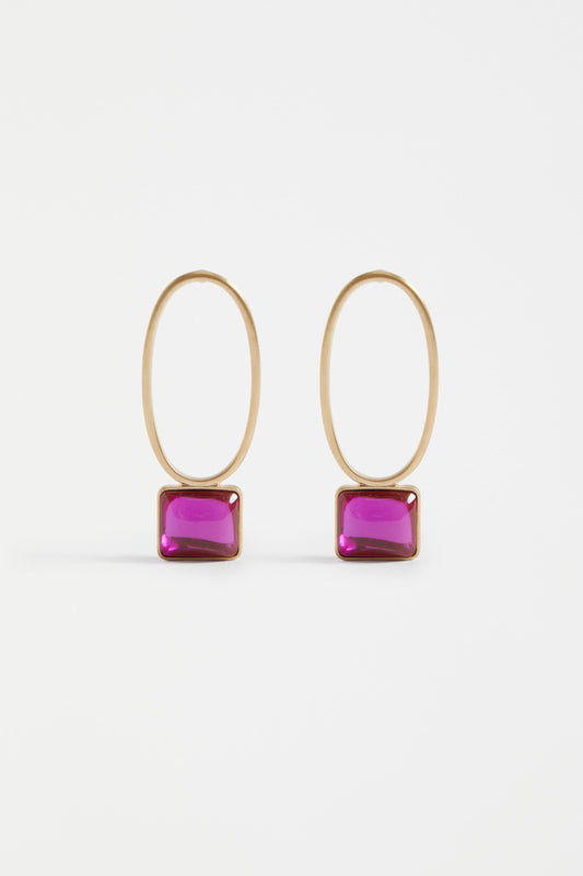 Stal Brushed Metal Drop Stud Earring with Coloured Glass Jewel Detail | HOT PINK