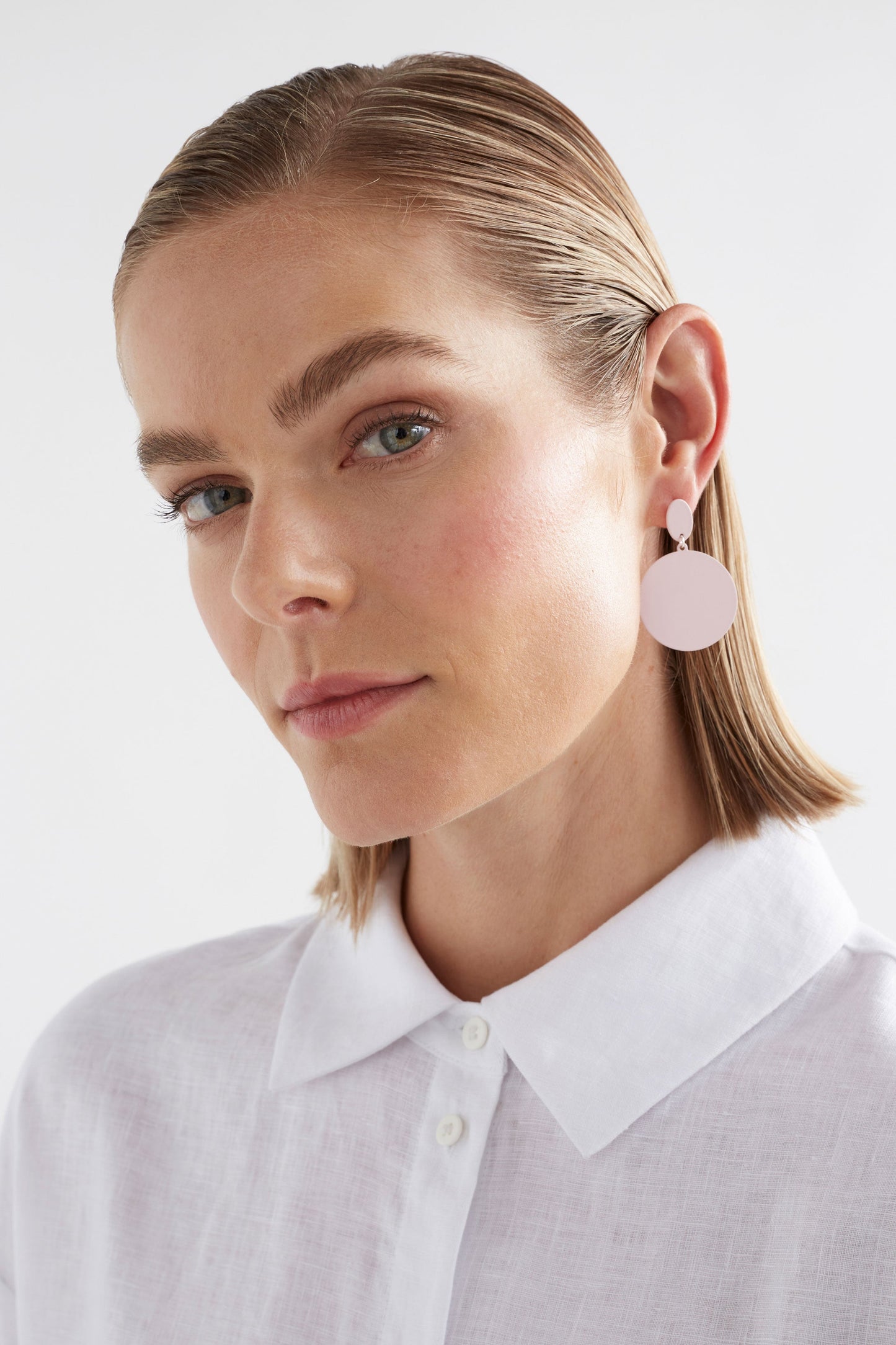 Josa Colour Coated Disc Drop Earring model | SHELL PINK