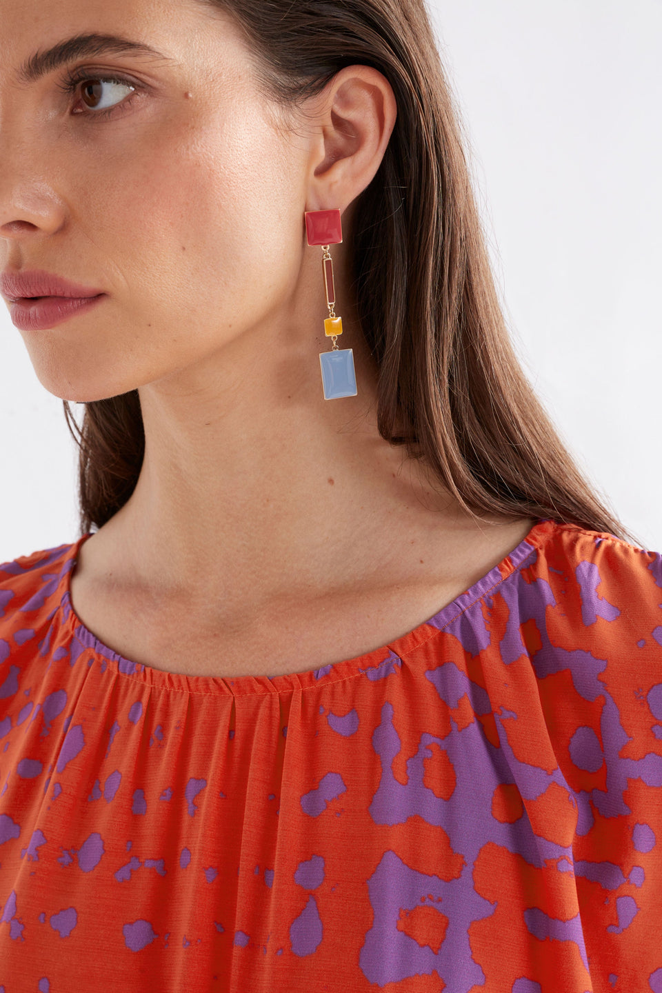 Malin Coloured Enamel Long Drop Earring Model Crop | PERIWINKLE