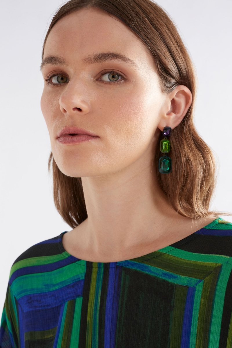 Jule Statement Triple Drop Coloured Glass Earring Model | TEAL