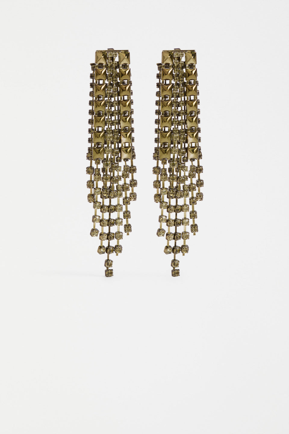 The Rutor Earring features dramatic long drops with tonal diamante chains and metallic studs in varied lengths for high-impact shine ELK | OLIVE