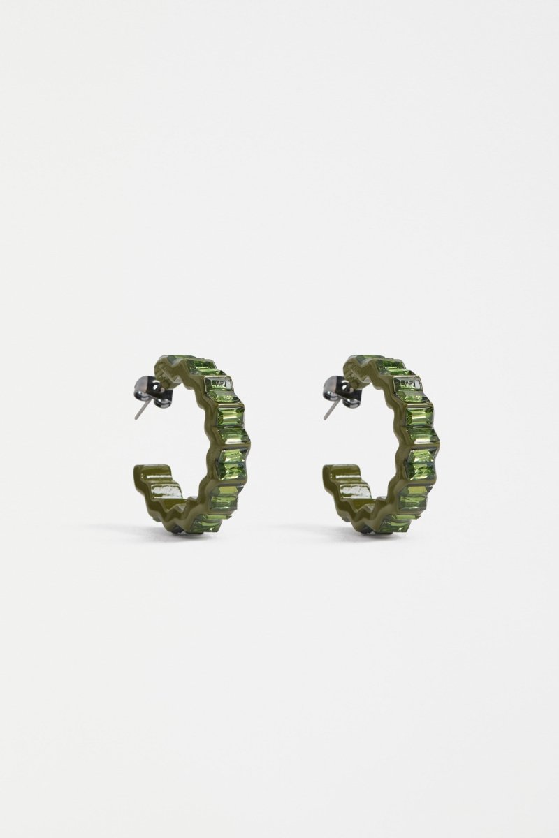 Jolle Mid Sized Zig Zag Coloured Enamel and Pattern Hoop Earring | DARK OLIVE