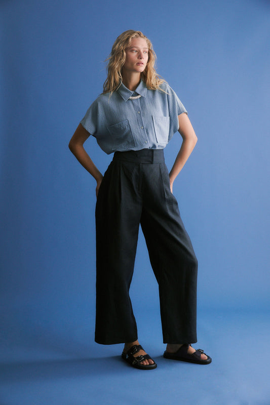 Lejer High waisted Straight Leg Linen Pant Campaign Model front | NAVY