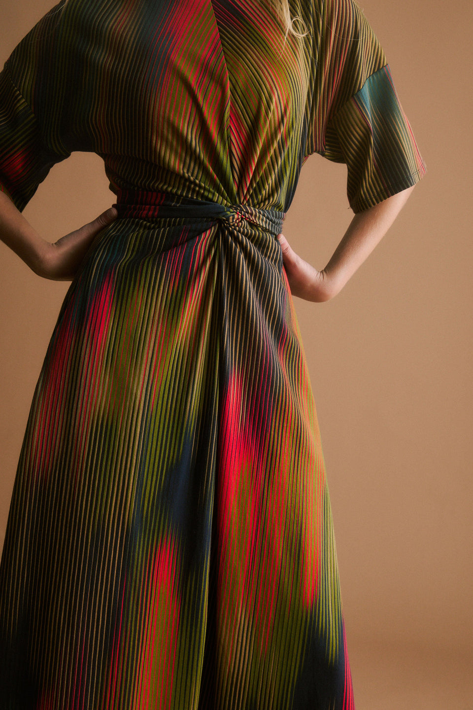 Kihte Organic Cotton Tie Front Midi T-shirt Dress Model Front detail 2 | ARRAN STRIPE PRINT