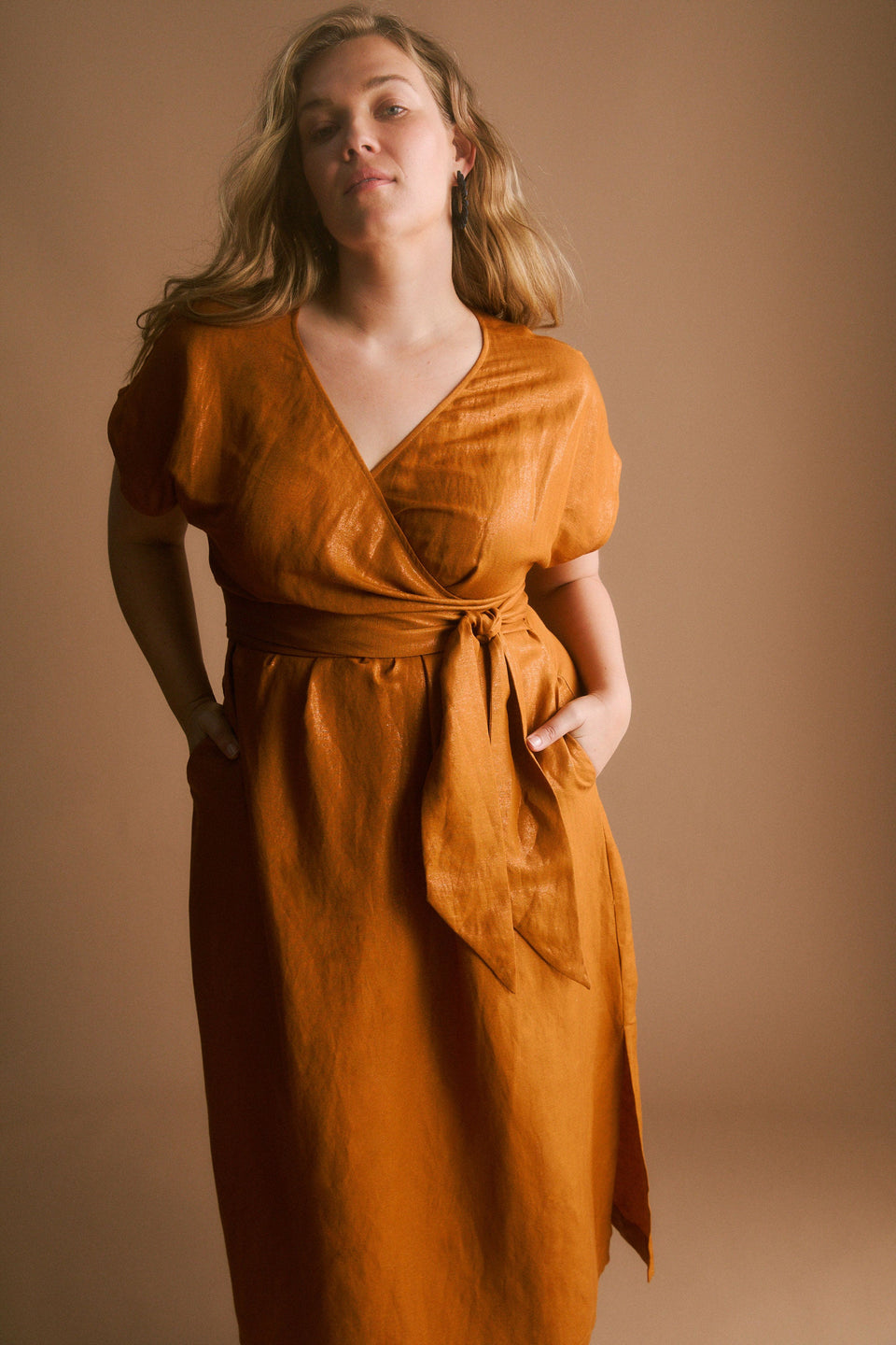 Jopa Copper Metallic Midi Short Sleeve Wrap Dress with waist tie Curve Model front | COPPER