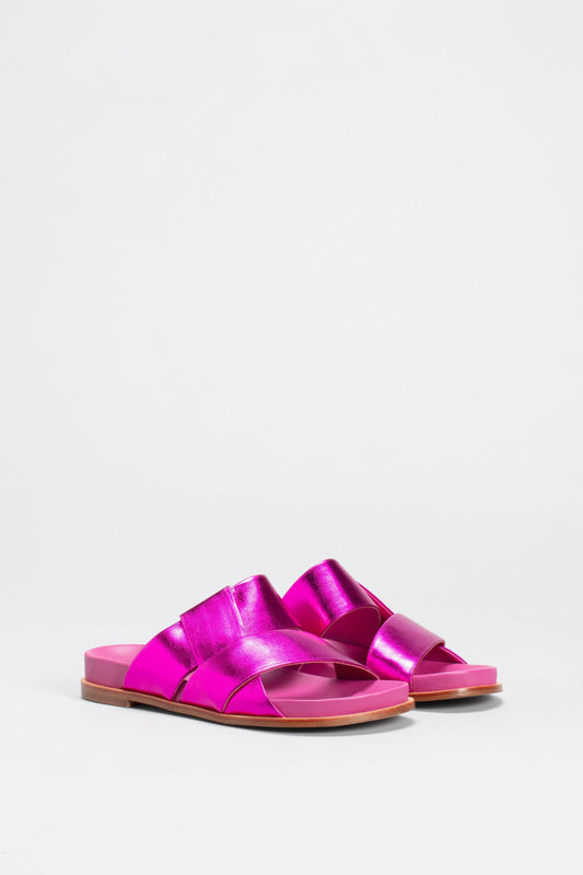 Uma Metallic Leather Cross Strap Slide Angled Front | FUCHSIA