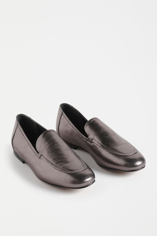 Clift Metallic Silver Leather Flat Loafer Angled Front | GUNMETAL