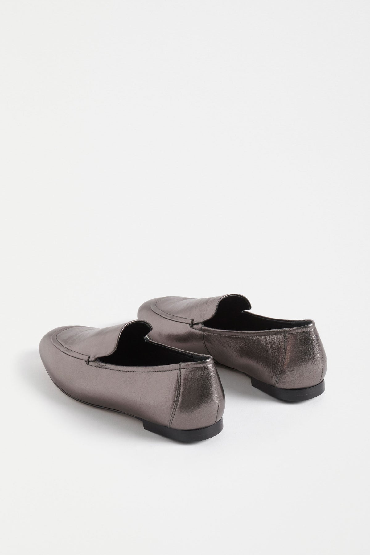 Clift Metallic Silver Leather Flat Loafer Angled Back | GUNMETAL