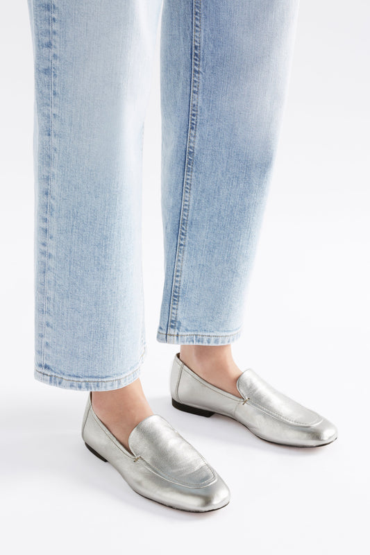 Clift Metallic Silver Leather Flat Loafer Angled Front Model | SILVER