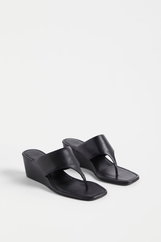 Mara Wedge Leather Slide Angled Front | BLACK