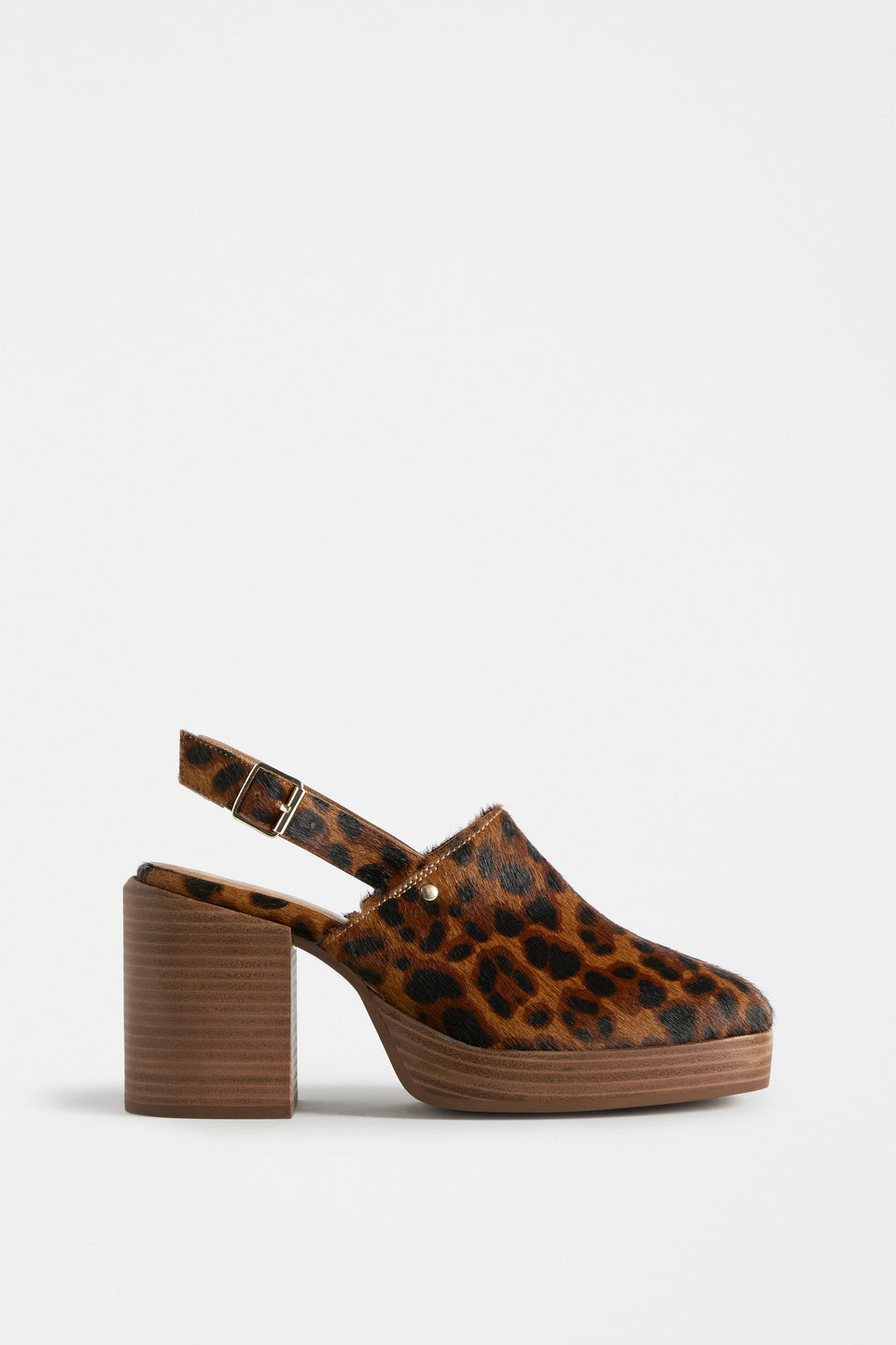 Stockholm Chunky Heel Slip on Clog with Back Strap in Animal Print Angled Side | ANIMAL PRINT