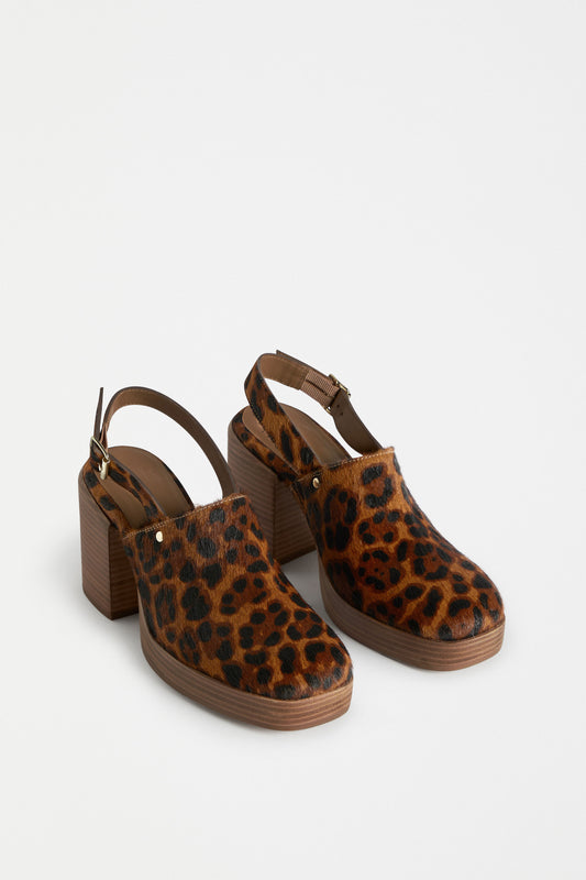 Stockholm Chunky Heel Slip on Clog with Back Strap in Animal Print Angled Front | ANIMAL PRINT