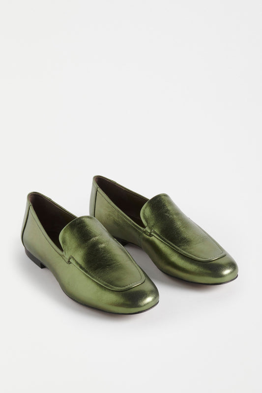 Clift Metallic Silver Leather Flat Loafer Angled Front | OLIVE