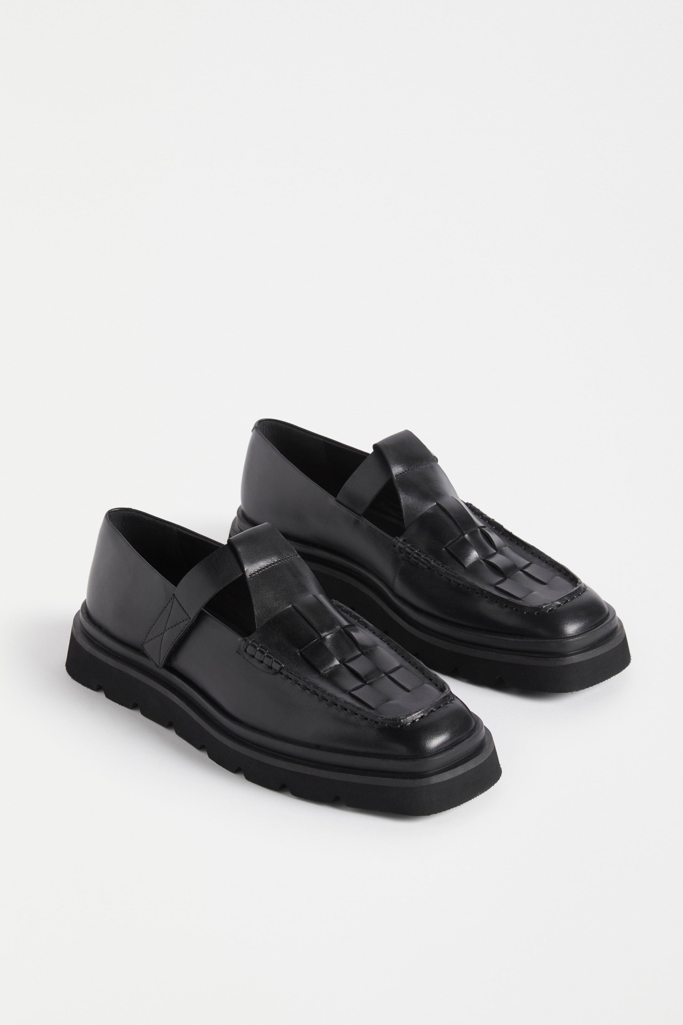 Vadna T-bar Woven Leather Loafer Angled Front | BLACK